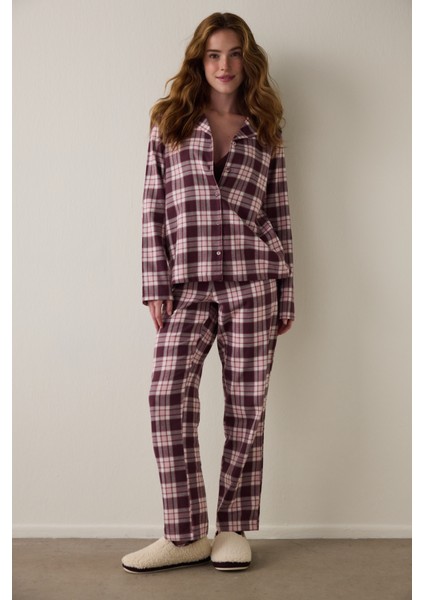 Bordo Ekoseli Gömlek Yaka Pamuklu Pijama Takımı