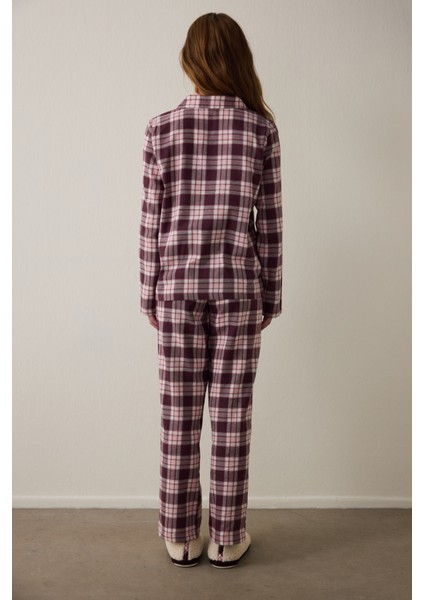 Bordo Ekoseli Gömlek Yaka Pamuklu Pijama Takımı