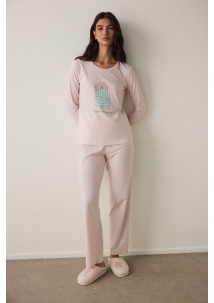 Lila Blanket Slogan Baskılı Bisiklet Yaka Pamuklu Uzun Kollu Pijama Takımı