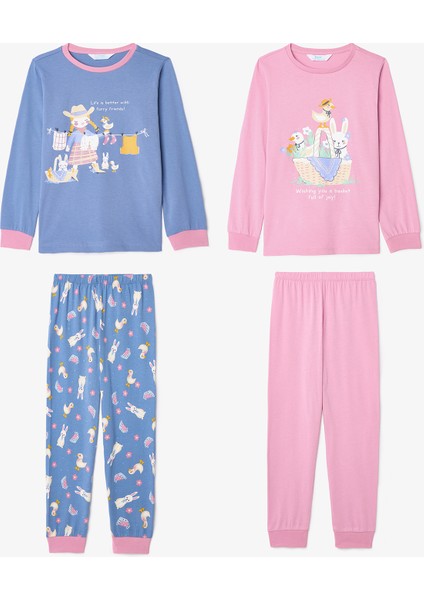 Kız Çocuk Furry Bunny Tavşan Baskılı Pamuklu Uzun Kollu 2'li Pijama Takımı