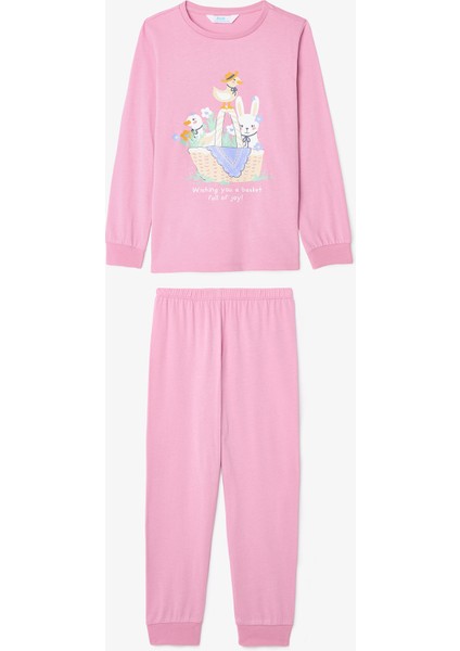 Kız Çocuk Furry Bunny Tavşan Baskılı Pamuklu Uzun Kollu 2'li Pijama Takımı