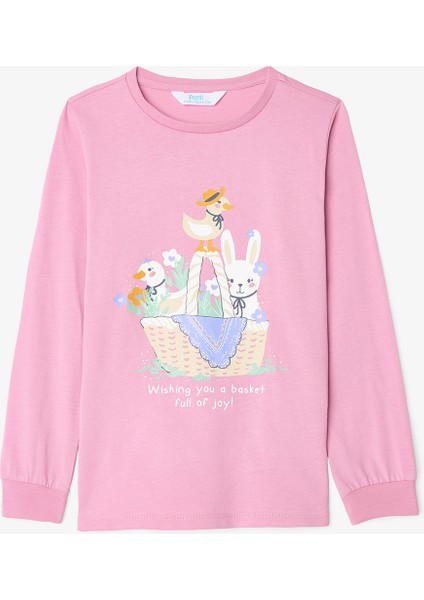 Kız Çocuk Furry Bunny Tavşan Baskılı Pamuklu Uzun Kollu 2'li Pijama Takımı