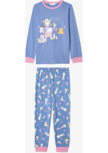 Kız Çocuk Furry Bunny Tavşan Baskılı Pamuklu Uzun Kollu 2'li Pijama Takımı