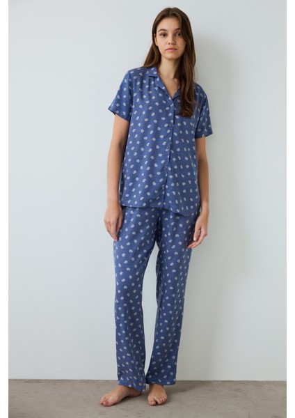 İndigo Hailee Çiçek Desenli Gömlek Yaka Kısa Kollu Pijama Takımı