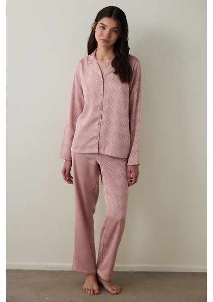 Gül Kurusu Emma Gömlek Yaka Uzun Kollu Saten Pijama Takımı