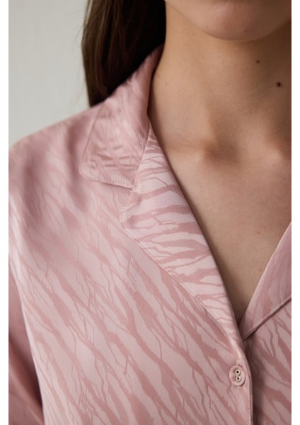 Gül Kurusu Emma Gömlek Yaka Uzun Kollu Saten Pijama Takımı