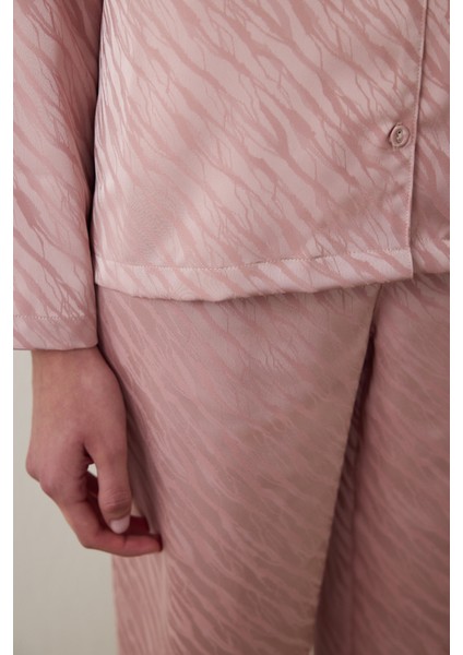 Gül Kurusu Emma Gömlek Yaka Uzun Kollu Saten Pijama Takımı