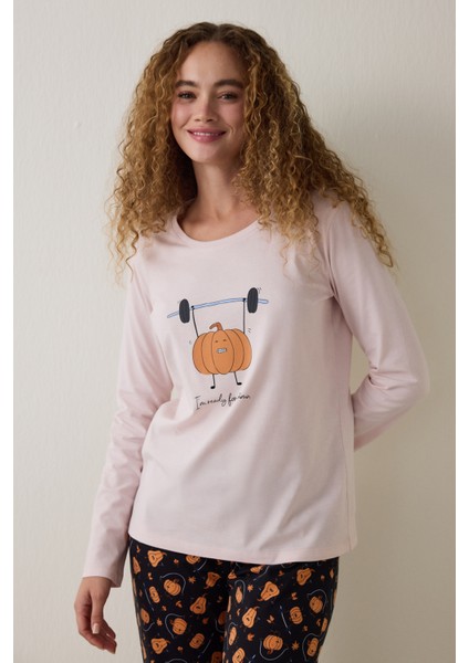 Balkabağı Desenli Bisiklet Yaka Pamuklu Uzun Kollu Pijama Takımı