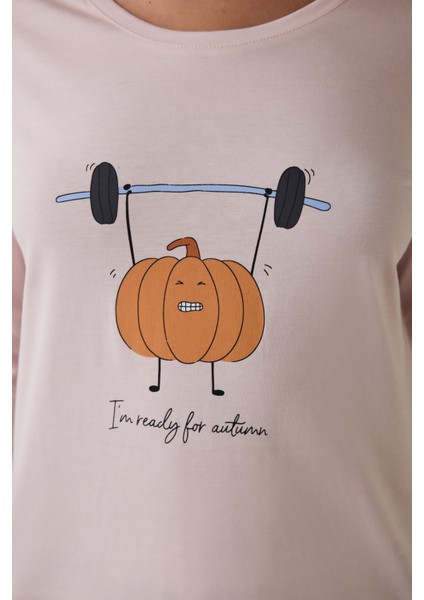 Balkabağı Desenli Bisiklet Yaka Pamuklu Uzun Kollu Pijama Takımı