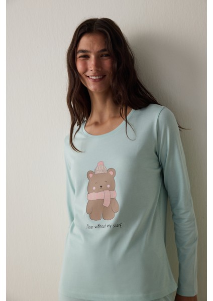 Mint Ent Scarf Bisiklet Yaka Uzun Kollu Pamuklu Slogan Baskılı Pijama Takımı