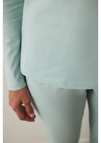 Mint Ent Scarf Bisiklet Yaka Uzun Kollu Pamuklu Slogan Baskılı Pijama Takımı