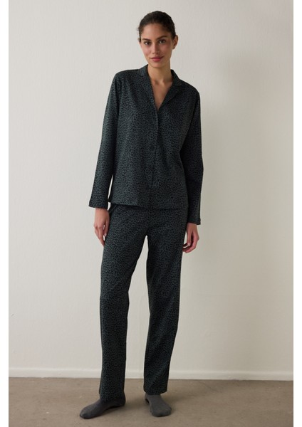 Siyah Dark Leopard Pamuklu Gömlek Pantolon Pijama Takımı