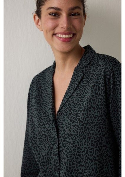 Siyah Dark Leopard Pamuklu Gömlek Pantolon Pijama Takımı