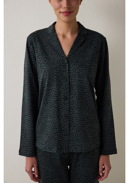 Siyah Dark Leopard Pamuklu Gömlek Pantolon Pijama Takımı