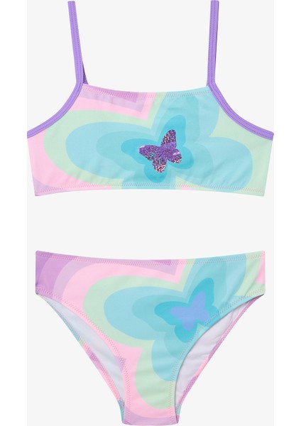 Kız Çocuk Halter Yaka Bikini Takımı Çok Renkli Kelebek Motifli Eğlenceli Tasarım