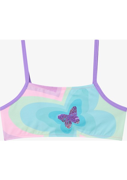 Kız Çocuk Halter Yaka Bikini Takımı Çok Renkli Kelebek Motifli Eğlenceli Tasarım