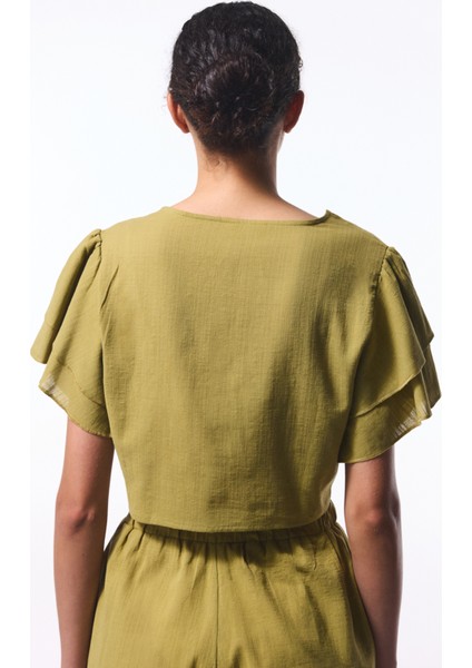 Yağ Yeşili Peek Bağlama Detaylı Crop Top Üst