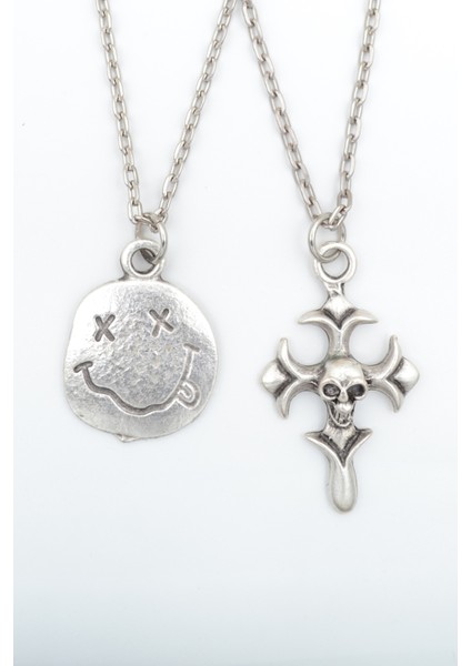 2'li Nirvana Smile - Kuru Kafa Haç Gümüş Kaplama Kolye Seti