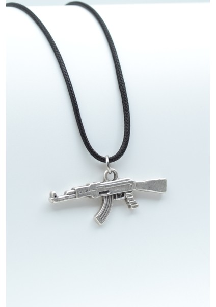 Pubg Keleş Ak-47 Kalaşnikof Gümüş Kaplama Deri İp Kolye