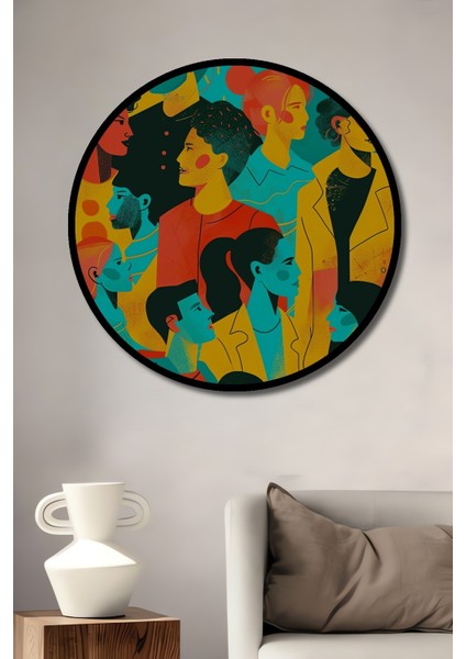 Çerçeve Görünümlü Renkli Soyut Insan Figürleri Dekoratif Ahşap Mdf Tablo Yuvarlak Tablo