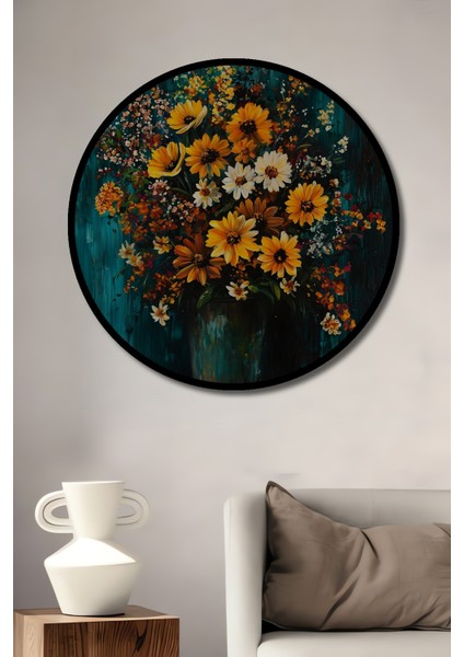 Çerçeve Görünümlü Sarı Çiçeklerin Tanrısal Dansı Dekoratif Ahşap Mdf Tablo Yuvarlak Tablo