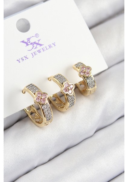 Pirinç Zirkon Taşlı 3'lü Halka Yonca Model Gold ve Gümüş Renk Kadın Küpe - TJ-BKP11152 indirimleri
