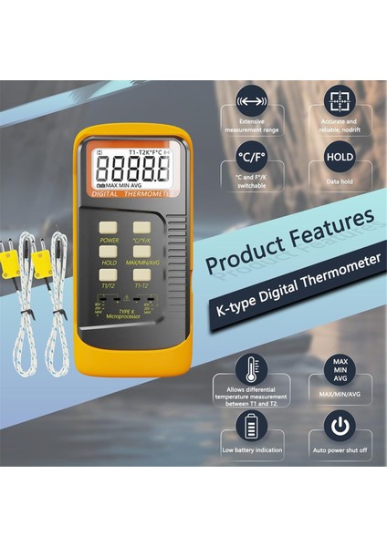 Elde Taşınır Termokupl Termometresi, 2 Kanallı K Tipi Termokupl Probu, Ölçüm -50 Ila 1300 ℃, Metre Sensörü (Yurt Dışından) fiyatları
