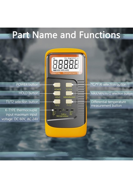 Elde Taşınır Termokupl Termometresi, 2 Kanallı K Tipi Termokupl Probu, Ölçüm -50 Ila 1300 ℃, Metre Sensörü (Yurt Dışından) indirimleri