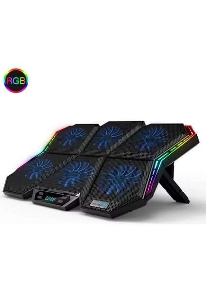 Rgb Işıklı 6 Fanlı 7 Kademeli LCD Göstergeli Notebook Laptop Soğutucu Stand Coolcold 17 Inç Sessiz