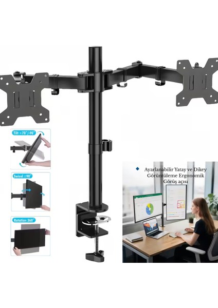14-32 Inç Düz Kavisli Ekranlar Için Çift Kol Monitör Standı Ayarlanabilir Yükseklik Eğim LCD LED Tv