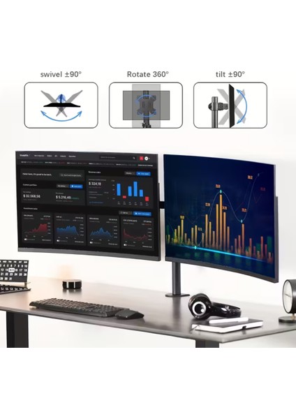 14-32 Inç Düz Kavisli Ekranlar Için Çift Kol Monitör Standı Ayarlanabilir Yükseklik Eğim LCD LED Tv modelleri