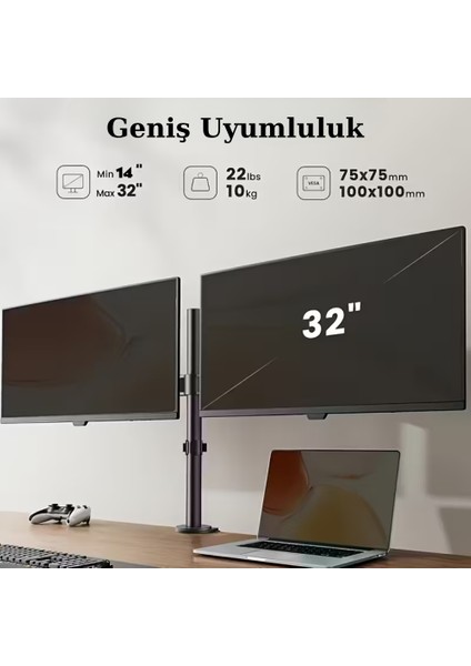 14-32 Inç Düz Kavisli Ekranlar Için Çift Kol Monitör Standı Ayarlanabilir Yükseklik Eğim LCD LED Tv