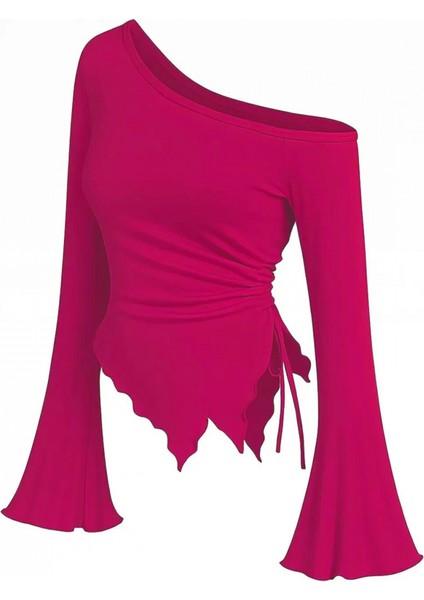 - Kadın Fuşya Uzun Ispanyol Kollu Asimetirik Yaka Yandan Bağlamalı Drapeli Bluz