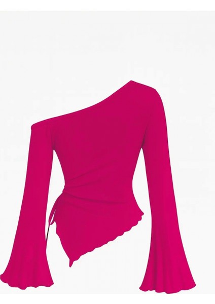 - Kadın Fuşya Uzun Ispanyol Kollu Asimetirik Yaka Yandan Bağlamalı Drapeli Bluz fiyatları