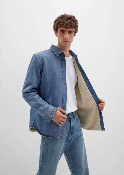 Jeremy Classic Denim Süni Kürklü Indigo Mavisi Jean Gömlek 0211186-88559