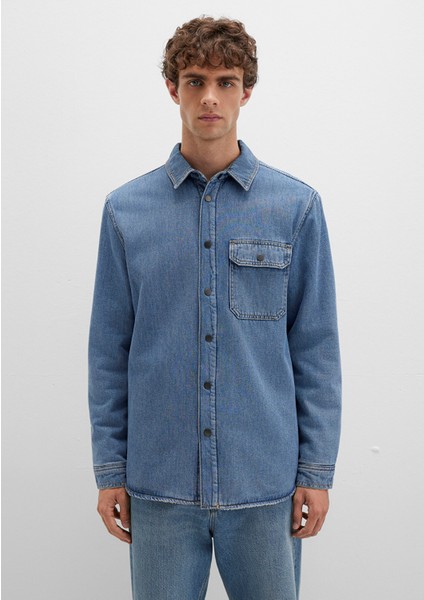 Jeremy Classic Denim Süni Kürklü Indigo Mavisi Jean Gömlek 0211186-88559