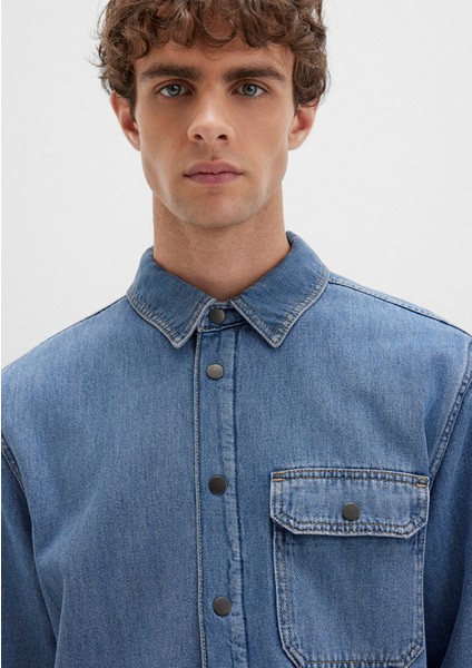 Jeremy Classic Denim Süni Kürklü Indigo Mavisi Jean Gömlek 0211186-88559