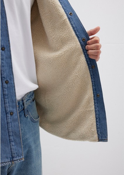 Jeremy Classic Denim Süni Kürklü Indigo Mavisi Jean Gömlek 0211186-88559
