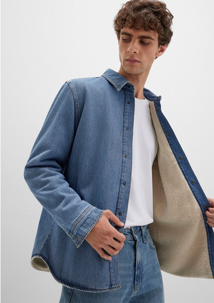 Jeremy Classic Denim Süni Kürklü Indigo Mavisi Jean Gömlek 0211186-88559