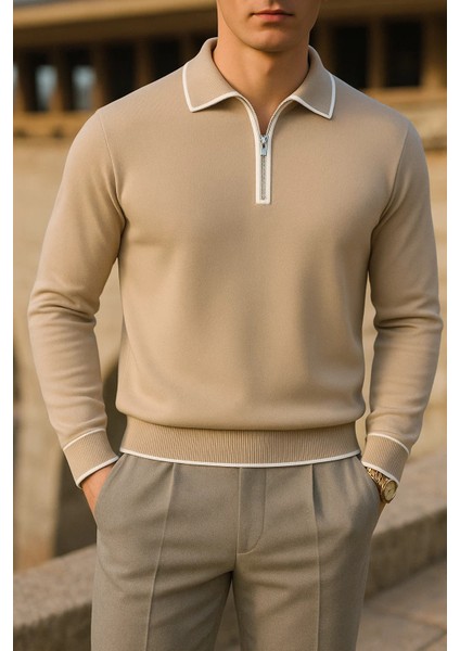 Erkek Çizgili Trend Uzun Kollu Bej Polo Yaka Kazak fiyatları