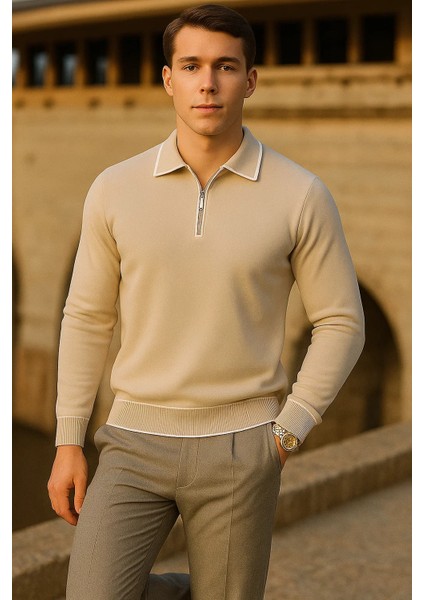 Erkek Çizgili Trend Uzun Kollu Bej Polo Yaka Kazak modelleri