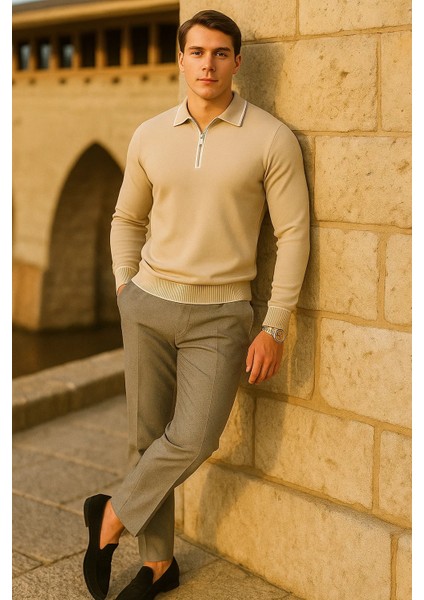 Erkek Çizgili Trend Uzun Kollu Bej Polo Yaka Kazak fırsatları