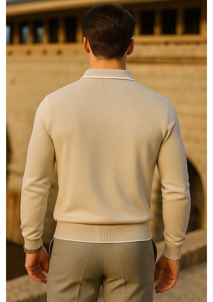 Erkek Çizgili Trend Uzun Kollu Bej Polo Yaka Kazak indirimleri