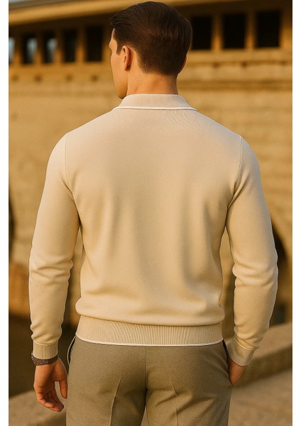 Erkek Çizgili Trend Uzun Kollu Bej Polo Yaka Kazak