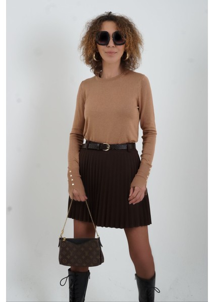 Kahve Kemerli Içi Şort Astarlı Piliseli Mini Etek fiyatları