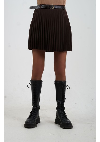 Kahve Kemerli Içi Şort Astarlı Piliseli Mini Etek fırsatları