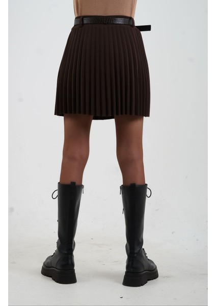 Kahve Kemerli Içi Şort Astarlı Piliseli Mini Etek indirimleri