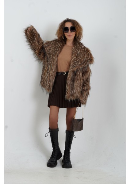 Kahve Kemerli Içi Şort Astarlı Piliseli Mini Etek