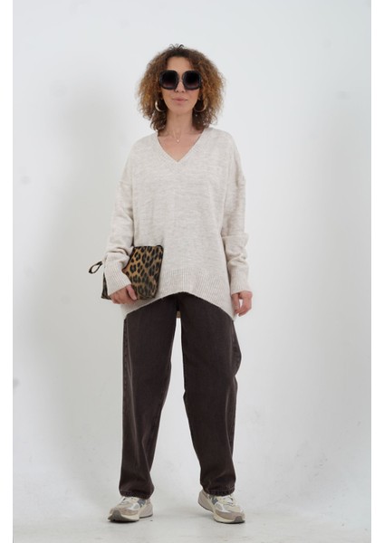 Kahve Yüksek Bel Yıkamalı Skater Denim Pantolon