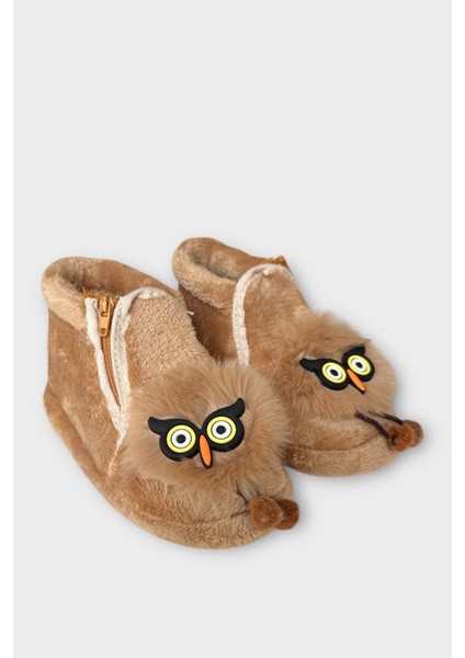 Çocuk Sevimli Baykuş Figürlü Panduf Vizon